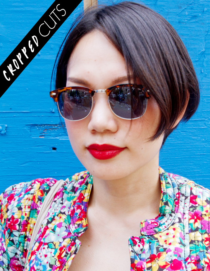 cropped haircut red lips