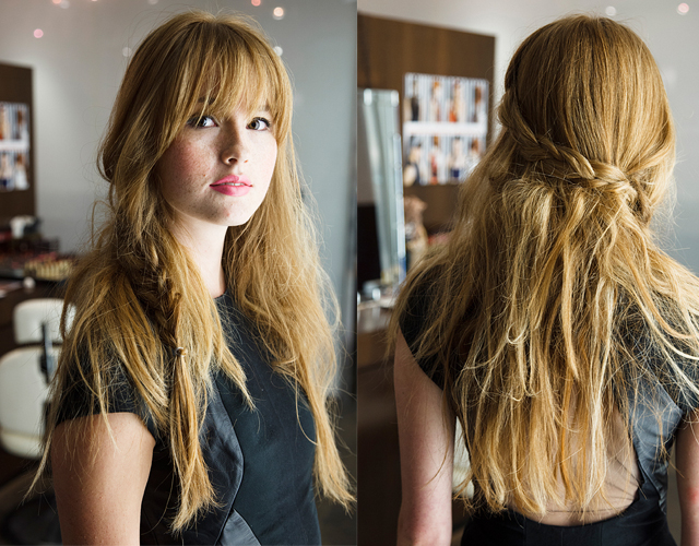 Image of Curtain bangs with a waterfall braid hairstyle